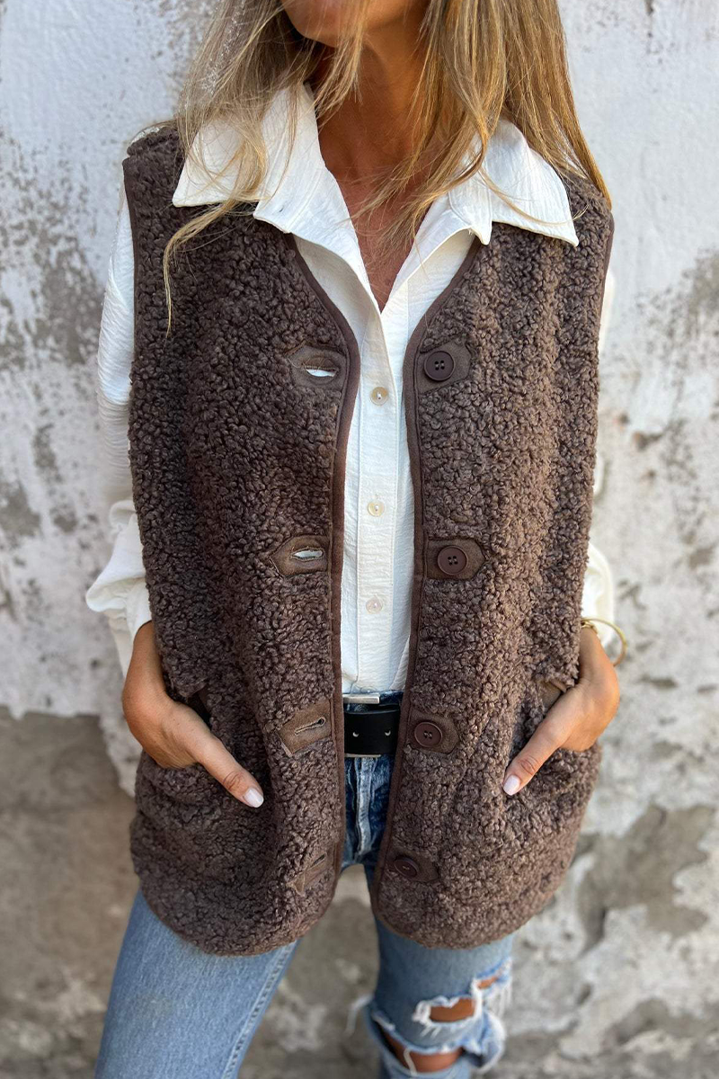 Pocket Buttons Fluffy V Neck Waistcoats