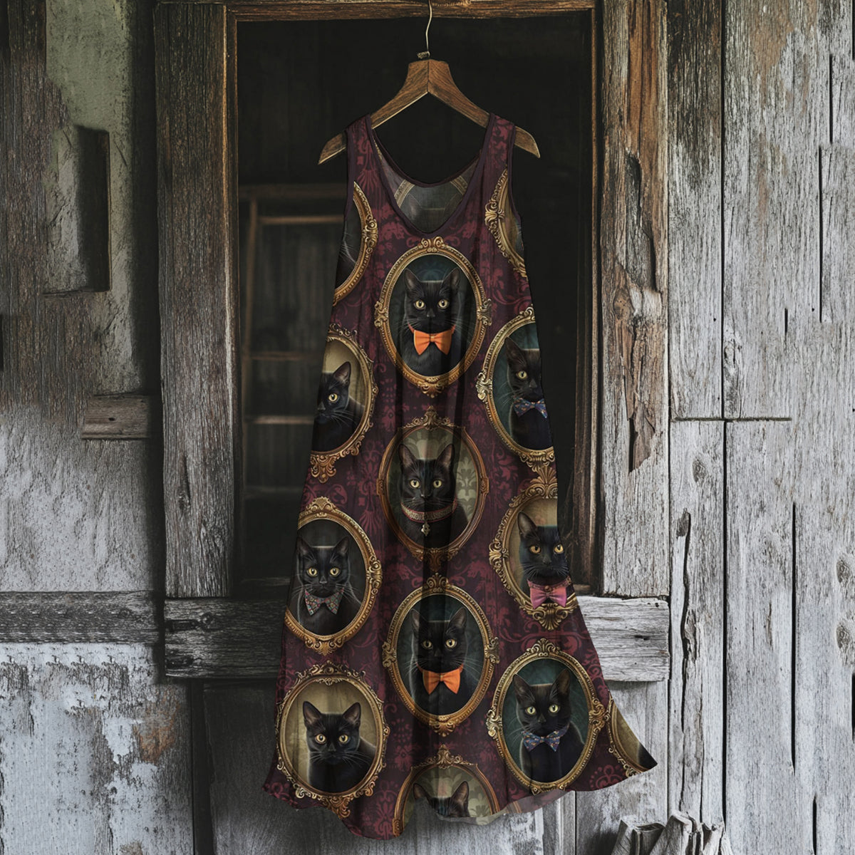 Women's Vintage Cat Bow Pattern Cotton And Linen Dress