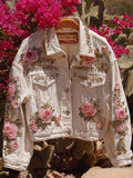 Vintage Boho Rose Embroidered With Sequins Women's White Denim Jacket elevenforest