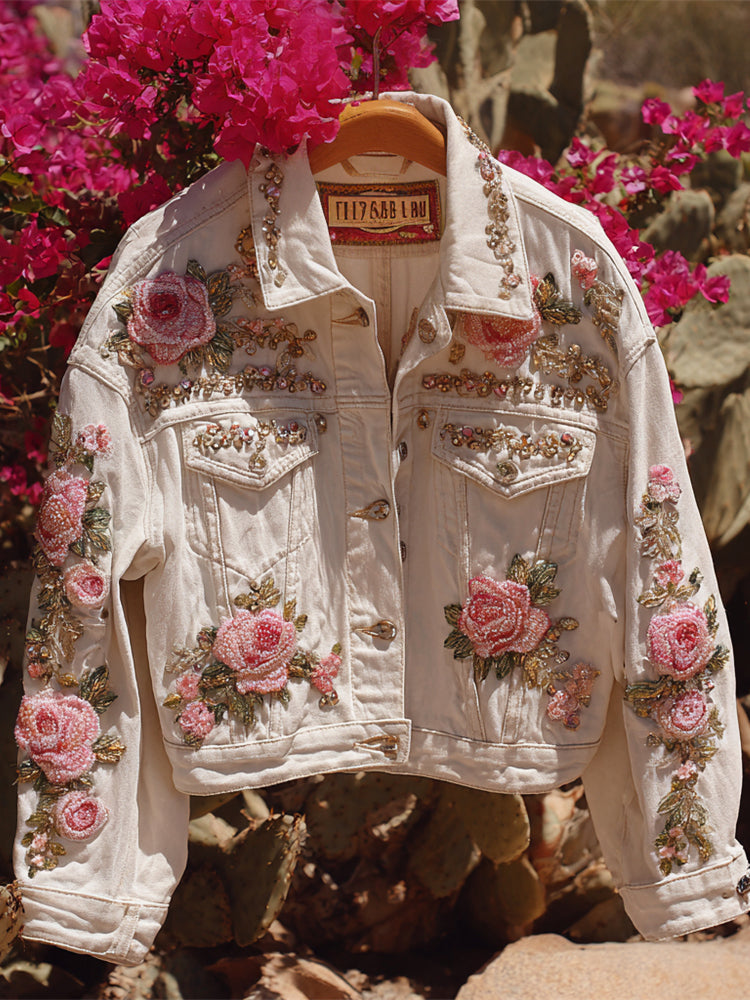 Vintage Boho Rose Embroidered With Sequins Women's White Denim Jacket elevenforest