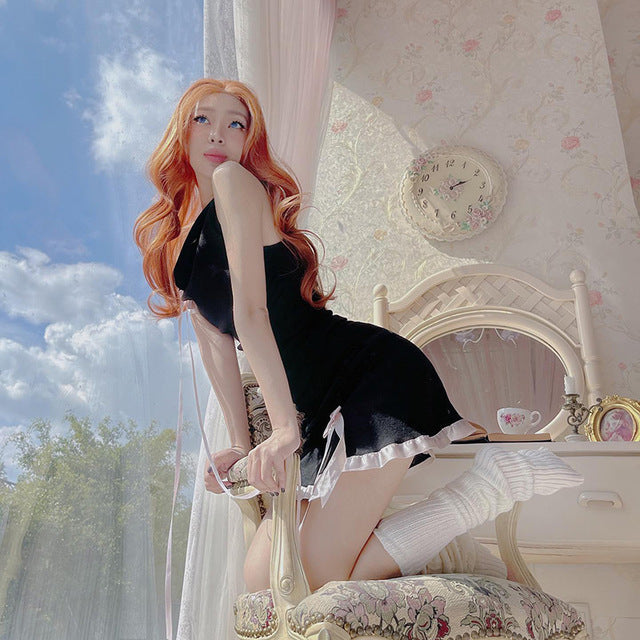 Taruxy One-shoulder Crop Top Mini Skirt Suit ’s Bow Slim Sleeveless Low Waist Splice Skirt Hot Girl Female Club Outfit