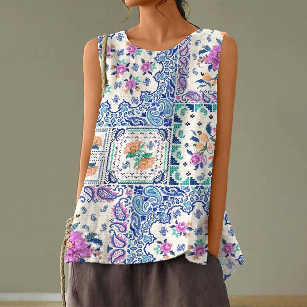 Women's Vintage Paisley Floral Art Cotton And Linen Tank Top elevenforest