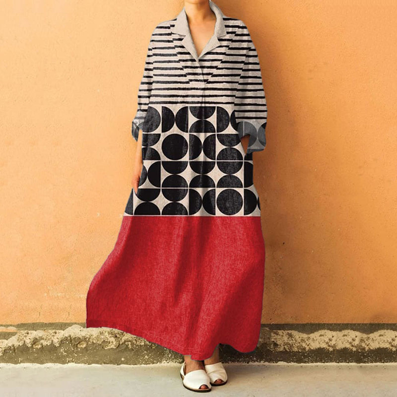 Comstylish Women's Vintage Abstract Geometric Art Print V Neck Dress