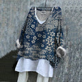 Comstylish Vintage Japanese Art Flower Print V-Neck Blouse