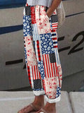 Women's Independence Day American Flag Patch Floral & Paisley Art Linen Blend Casual Pants elevenforest
