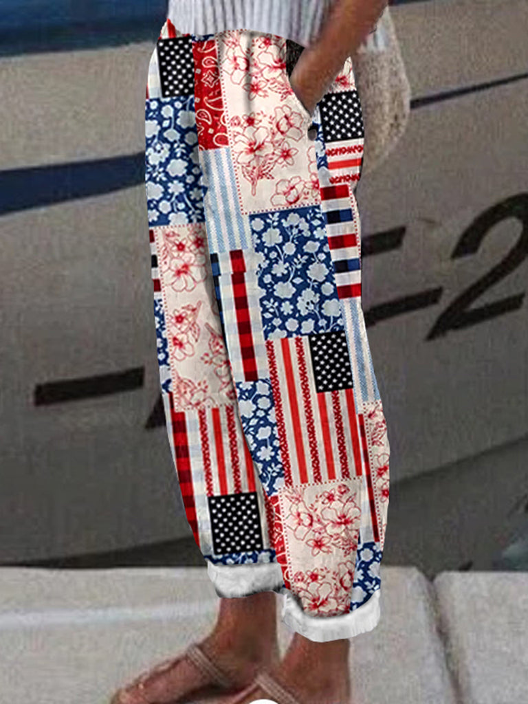 Women's Independence Day American Flag Patch Floral & Paisley Art Linen Blend Casual Pants elevenforest