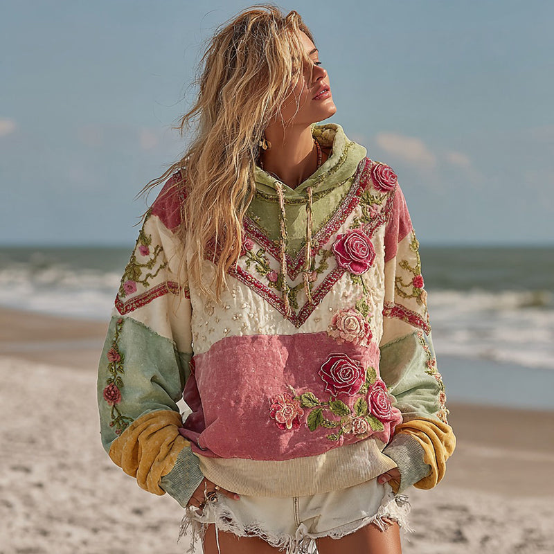 Vintage Rose Floral Embroidery Patchwork Art Comfy Hoodie elevenforest