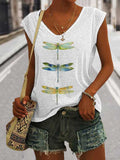 Women's Casual Watercolor Dragonfly Cotton Blend Print Vest elevenforest