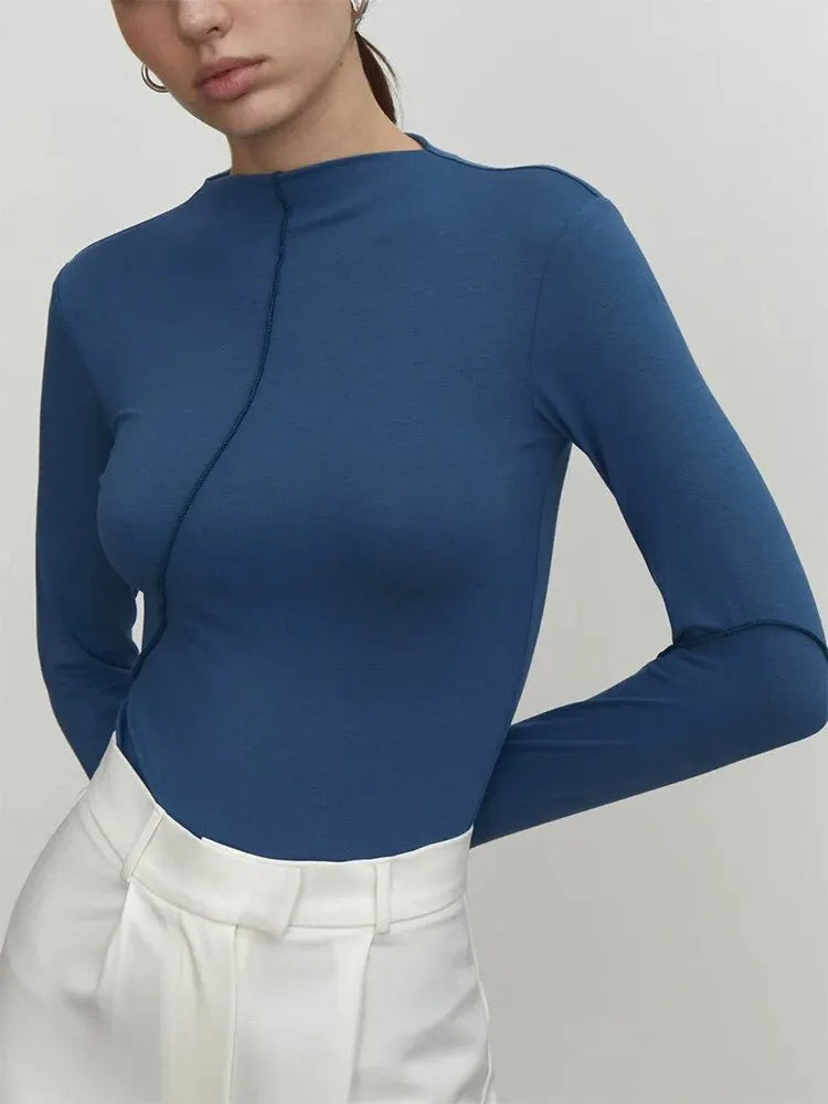Splice Slim Fit Long Sleeve T-shirt Spring Autumn Half Turtleneck Basic T Shirt Tees