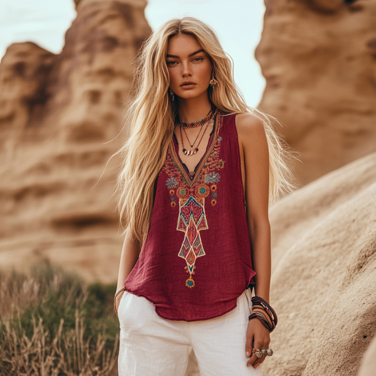 Women's Vintage Bohemia Ethnic Linen V-neek Sleeveless Top elevenforest