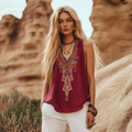 Women's Vintage Bohemia Ethnic Linen V-neek Sleeveless Top elevenforest