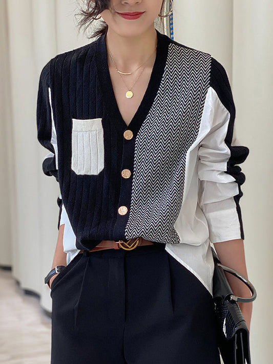 Urban Long Sleeves Contrast Color Split-joint V-neck Cardigan Tops