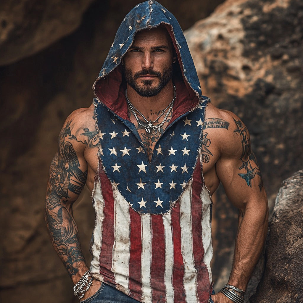 Independence Day Flag Inspired Linen Blend Hooded Tank Top elevenforest