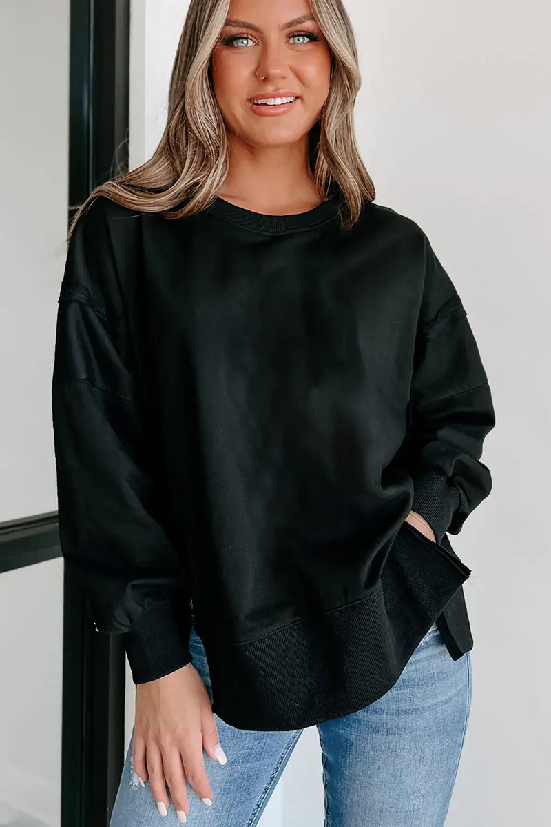 Edgy Black Drop Shoulder Sweatshirt With Slits