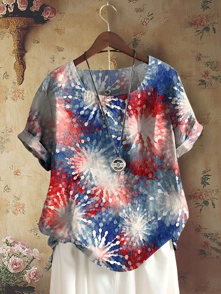 Comstylish Women's Casual Cotton And Linen Independence Day Fireworks Short-sleeved Round Neck Shirt