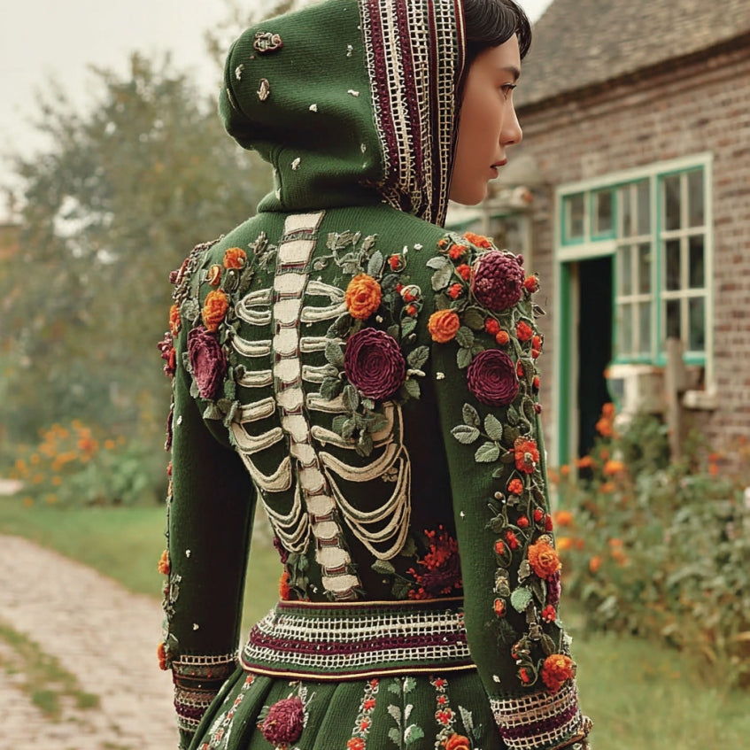 Comstylish Vintage Halloween Anatomy Chunky And Floral Knitted Hooded Sweater