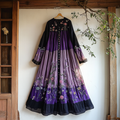 Vintage Boho Lavender Gradient Lace Art Linen Round Neck Maxi Dress elevenforest
