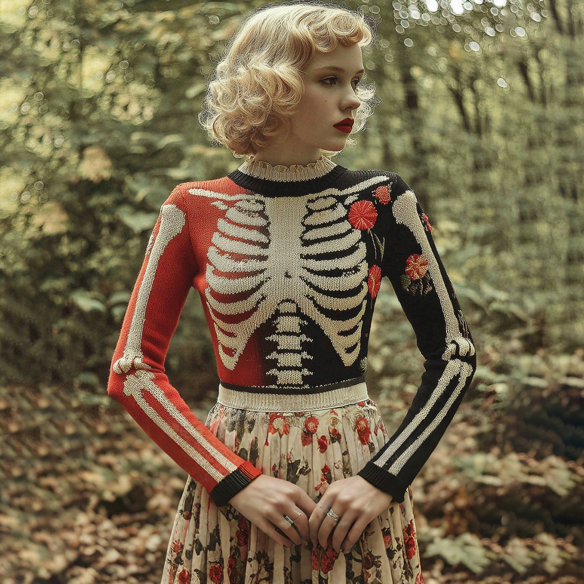 Comstylish Vintage Halloween Skeleton Anatomy Floral Art Jacquard Knitted Sweater