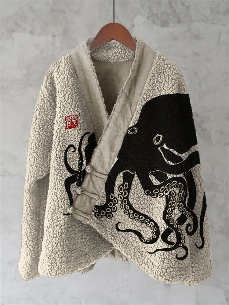 Octopus Japanese Lino Art Cozy Fleece Kimono Cardigan elevenforest