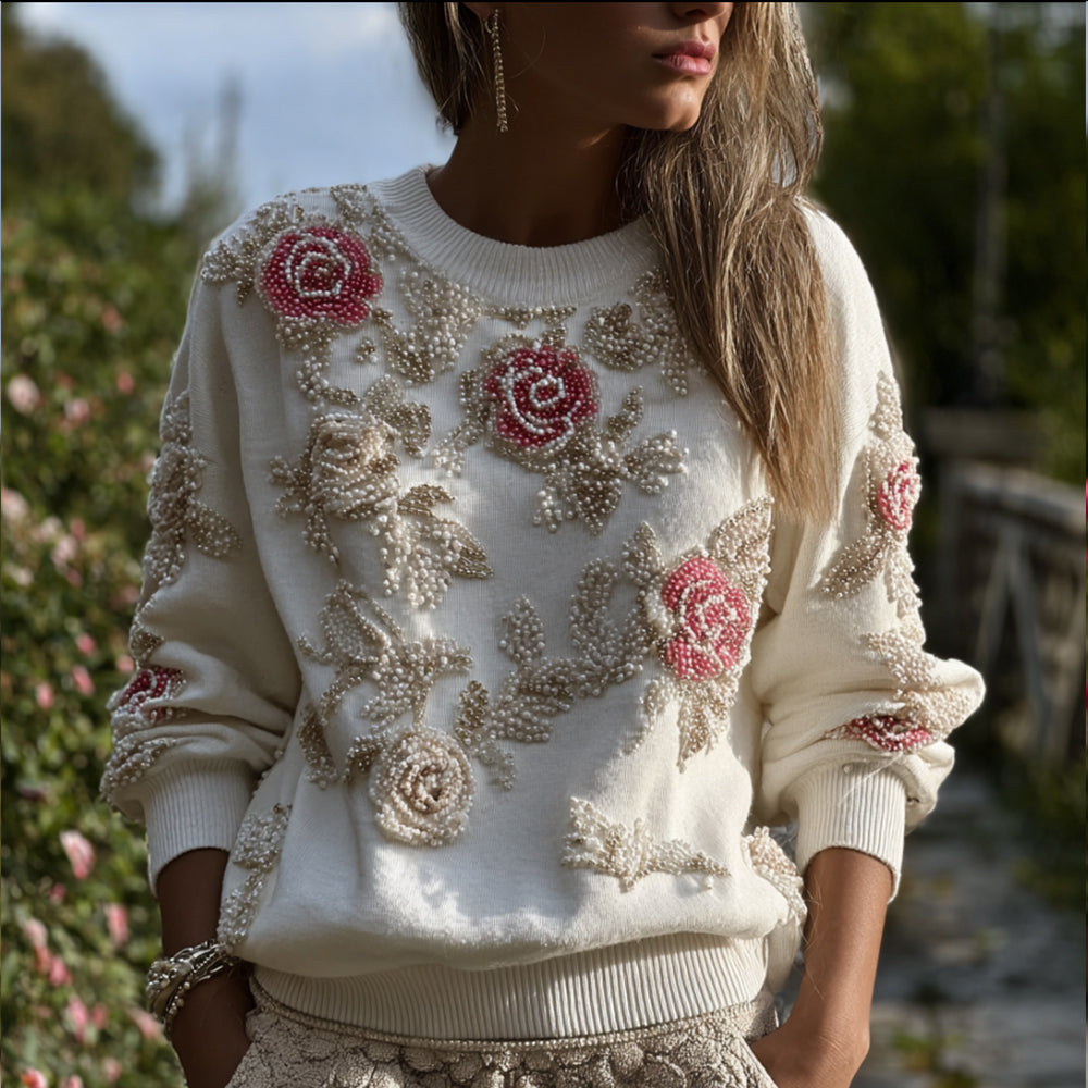 Bohemian Embroidered Rose Romantic Casual V-neck Long-sleeved Top elevenforest