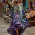 Vintage Green And Purple Lavender Patchwork And Floral Embroidered Art Linen Maxi Dress elevenforest