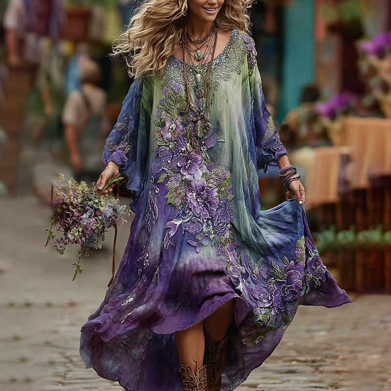 Vintage Green And Purple Lavender Patchwork And Floral Embroidered Art Linen Maxi Dress elevenforest