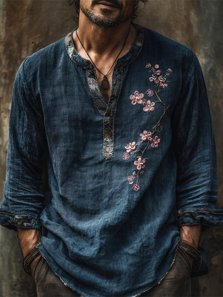 Japanese Plum Flower Embroidery Men's Linen Long Sleeve Shirt elevenforest