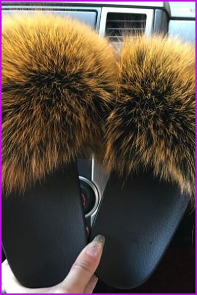 Black Mixed Golden Fox Full-pelt Fur Sliders Df020