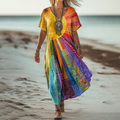 Comstylish Vintage Colorful Sun Collage Art Pattern Linen Blend V-neck Loose Midi Dress