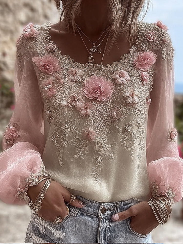 Bohemian Heavy Industry Flower Light Vintage Round Neck Top elevenforest
