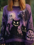 Comstylish Women's Casual Vintage Halloween Black Cat Embroidered Sweater