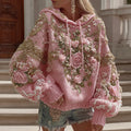 Comstylish Women's Pink Floral Art Cozy Knit Hooded Sweater