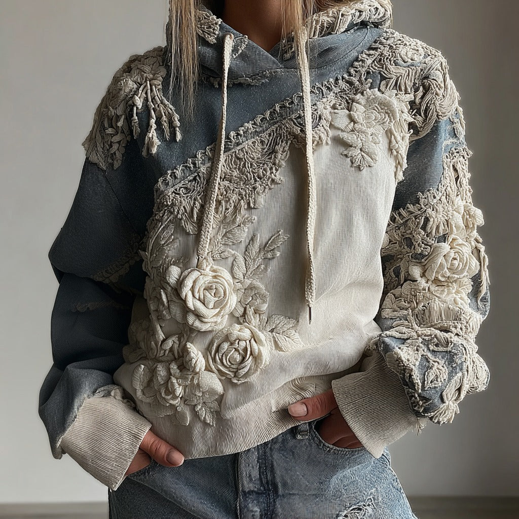 Women's Vintage Rose Floral Art Casual Warm Hoodie