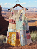 Women's Loose Floral Applique Patchwork Art Pattern Linen Sleeveless Tank Top elevenforest