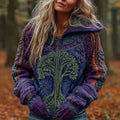 Women's Viking Celtic Tree Of Life Chunky Knit Warm Zip-up Hooded Sweater elevenforest