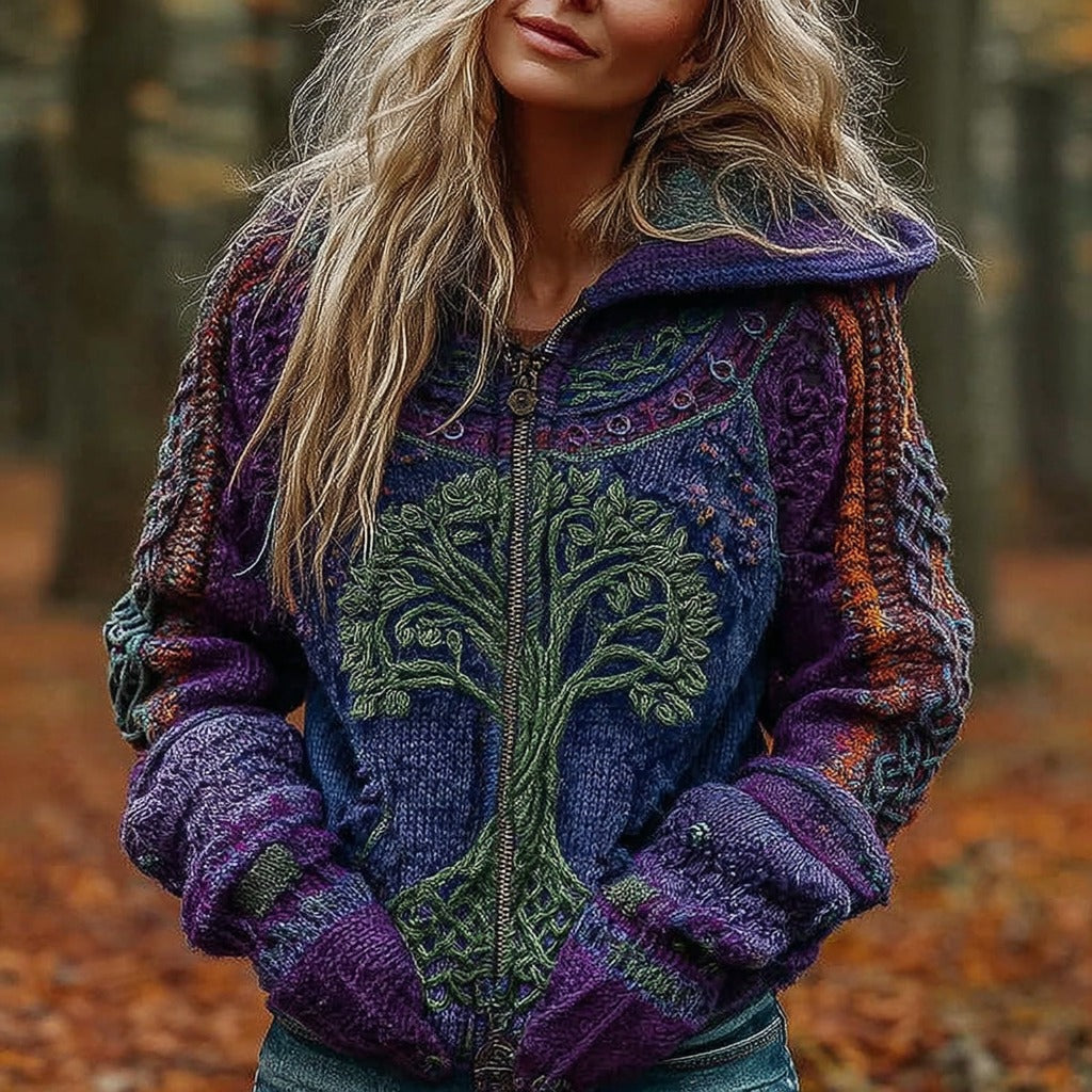 Women's Viking Celtic Tree Of Life Chunky Knit Warm Zip-up Hooded Sweater elevenforest