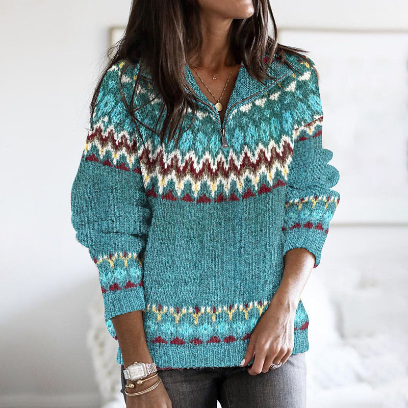 Vintage Ethnic Wave Pattern Jacquard Zipper Stand Collar Sweater elevenforest