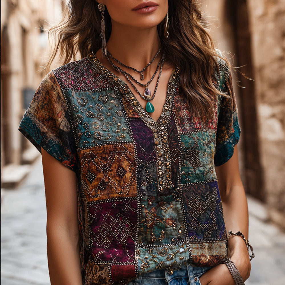 Vintage Bohemian Geometric Patchwork Sequin Short Sleeve Top elevenforest