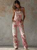Vintage Pink Roses Glitter Embroidered Washed Denim Overall Jumpsuit elevenforest