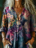Women's Vintage Ethnic Floral Art Print Casual Cotton Linen Shirt