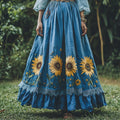 Sunflower Embroidered Lace Art Flowy Linen Skirt elevenforest