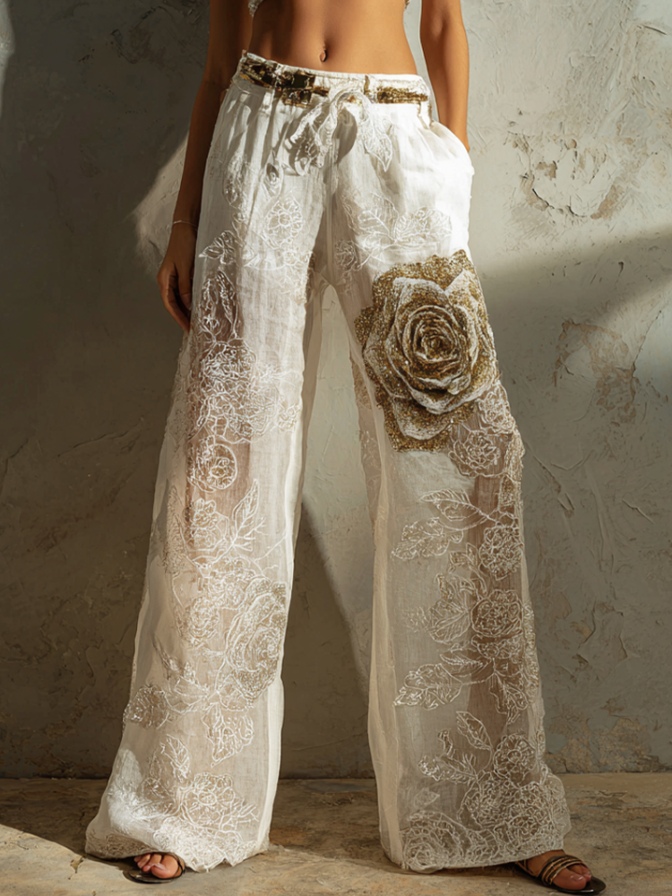 Bohemian Style Three-dimensional Rose Embroidery Pattern Women's Cotton And Linen Loose Wide-leg Long Pants elevenforest