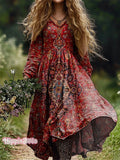 Women's National Floral Art Pattern Print V Neck Pocket Cotton Dress