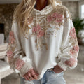Women's Pink Rose Embroidered Art Casual Hoodie elevenforest