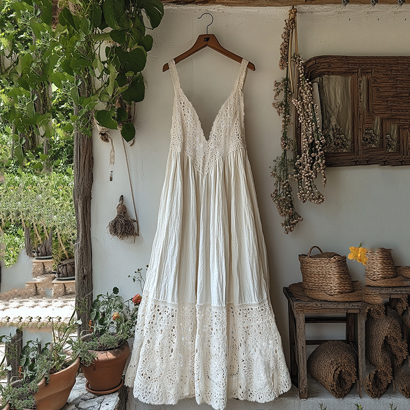 Vintage Lace Art Linen Maxi Suspender Dress elevenforest