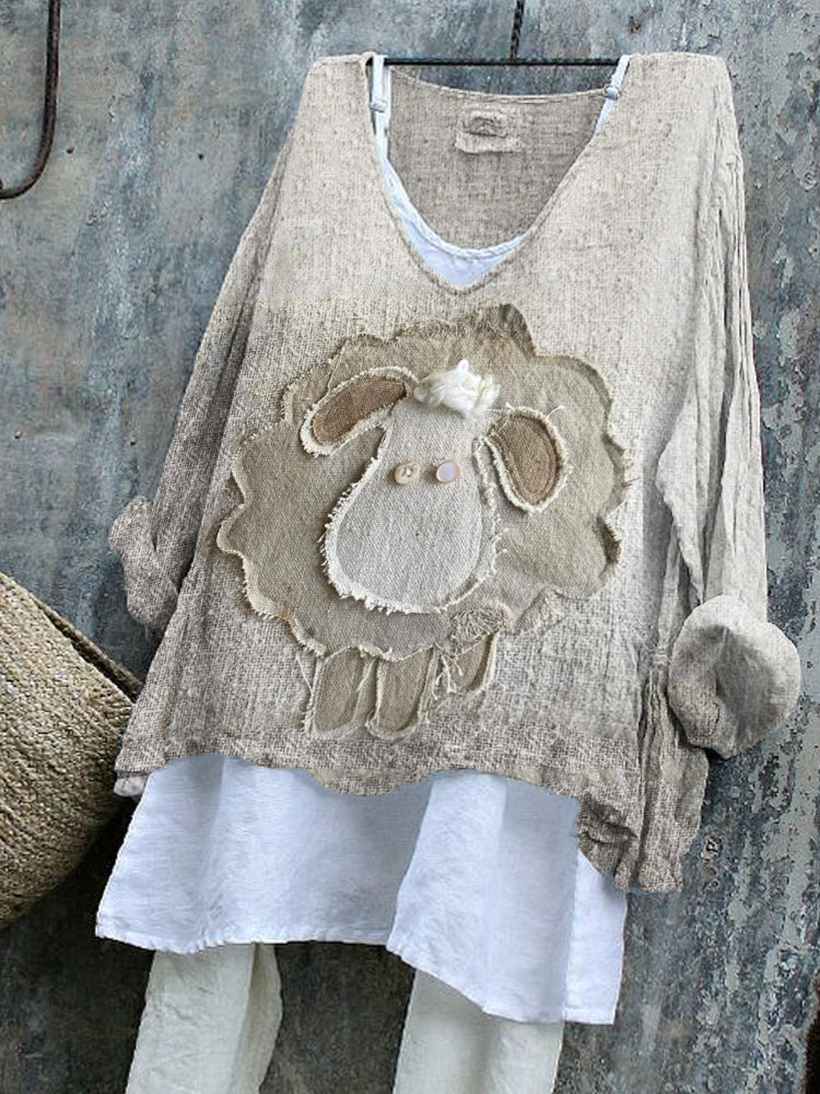 Comstylish Vintage Sheep Frayed Fiber Art Linen Blend Tunic
