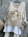 Comstylish Vintage Sheep Frayed Fiber Art Linen Blend Tunic