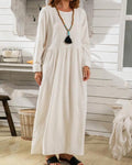 Round Neck Long Sleeve Solid Linen Panel Dress
