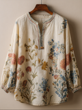 Retro Cotton And Linen Plant Flower Bohemian Style Women's V-neck Top elevenforest