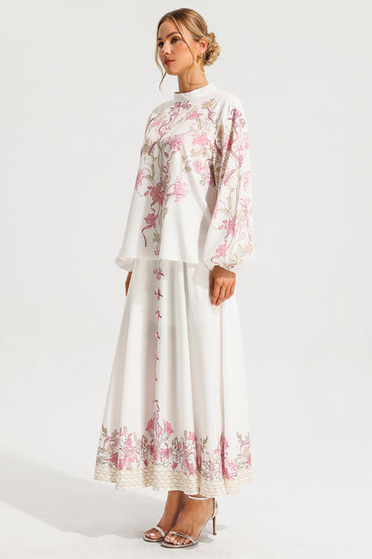 Puff Sleeve Top ?bow High Waist Maxi Skirt Set